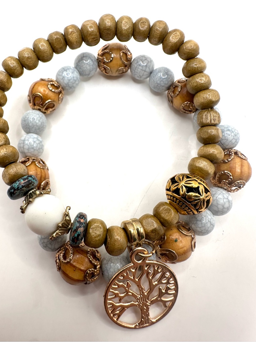 Fashion: Boho Tree of Life Beaded Bracelet Set - Gold & White